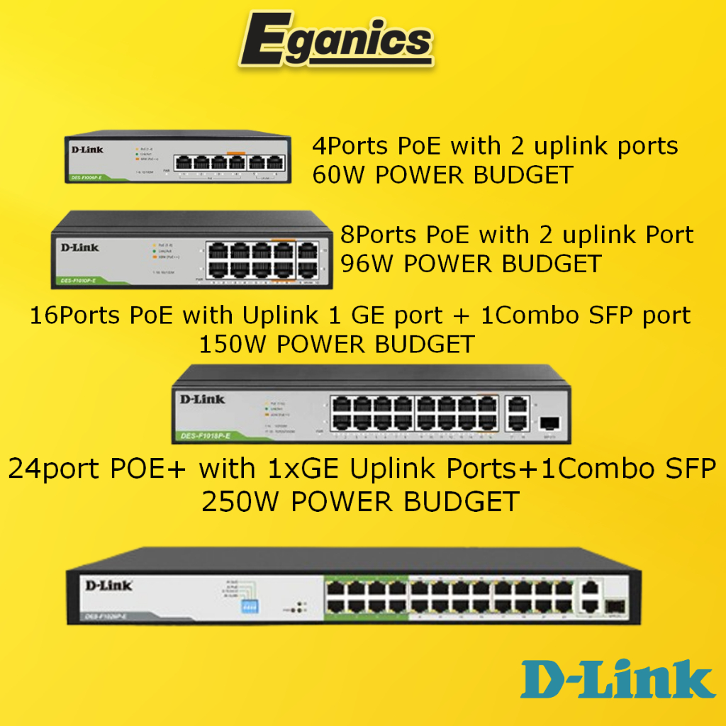 D-Link PoE Switch ระยะ 250 ม. DES-F1006P-E / F1010P-E / F1018P-E / F1026P-E กล้องวงจรปิด Network Swi