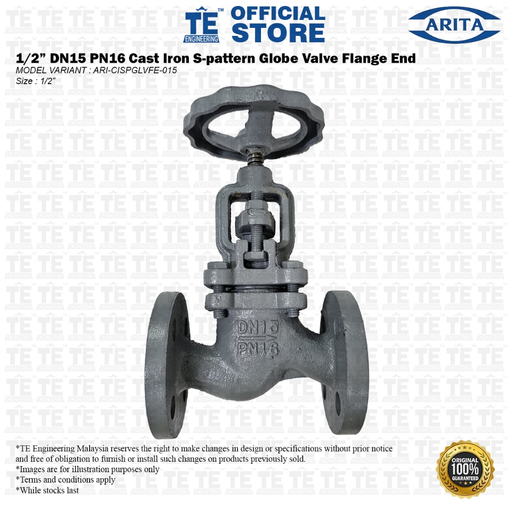 ARITA 1/2 DN15 PN16 เหล็กหล่อ S-รูปแบบ Globe Valve Flange End