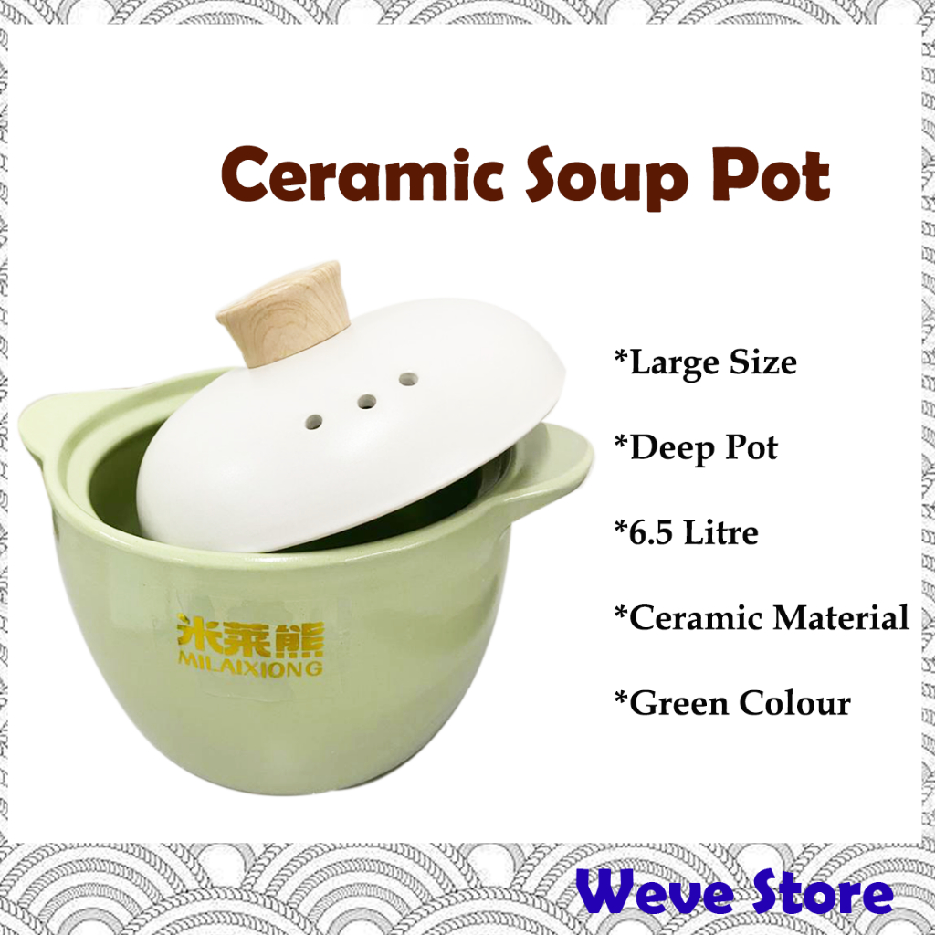 WEVE5-6 Persons6.5 Litre หม้อเซรามิกลึกขนาดใหญ่/หม้อหม้อปรุงอาหารสีขาวสีเขียว/หม้อเตาแก๊ส/เครื่องครั