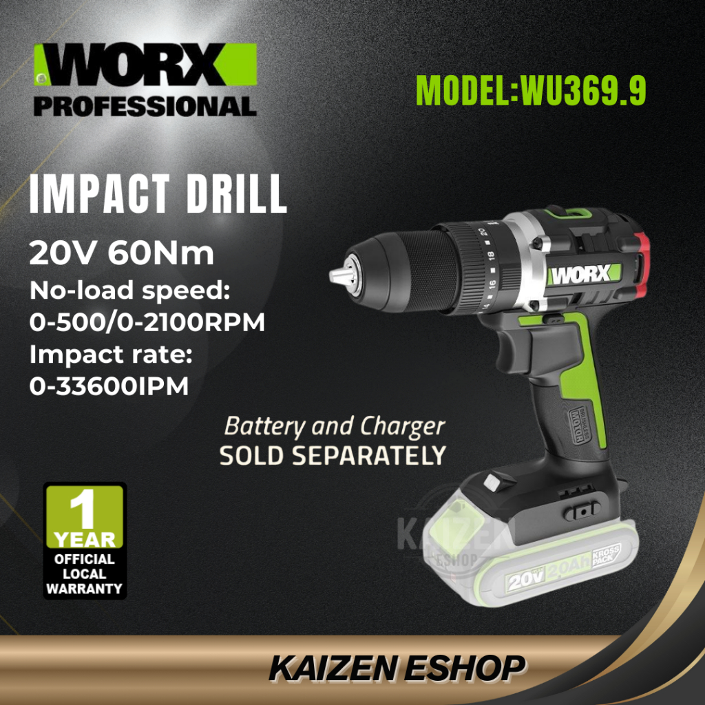 WORX WU369.9 20V เจาะ Impak tanpa Berus 13 มม.60Nm 20V Brushless Impact เจาะ 13 มม.60Nm