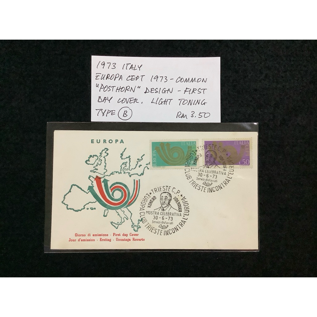 1973 Italy Europa Cept 1973-ฝาครอบวันแรกของ Posthorn Design ไลท์โทนนิ่ง แบบบี