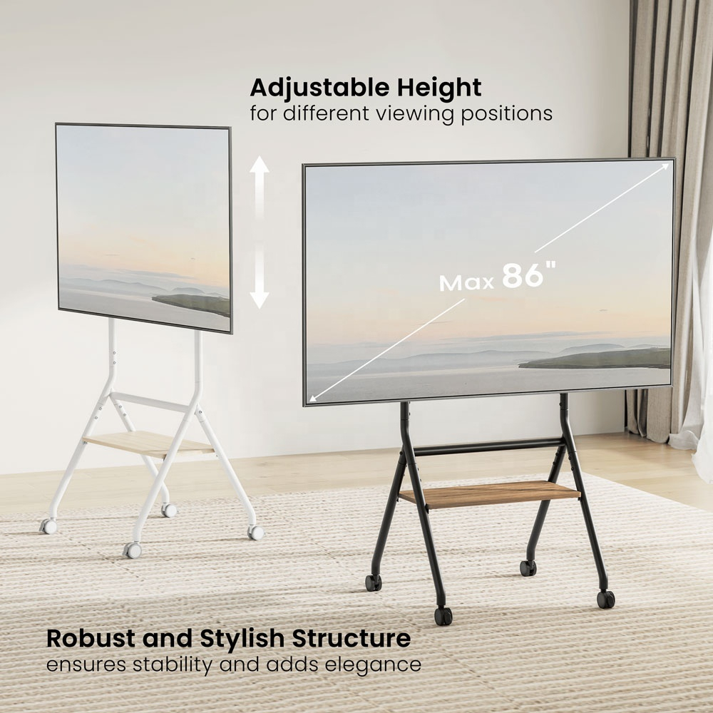Brateck TTF13E-46FW Modern Rolling TV Stand ความสูงปรับมือถือ Heavy-Duty TV รถเข็นล้อสําหรับ 86 นิ้ว