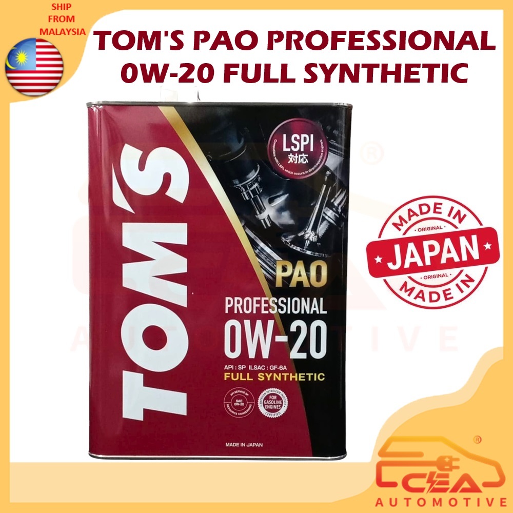 TOMS 0W-20 PAO FULLY SYNTHETIC 4L API:SP ILSAC GF-6A LSPI JAPAN ENGINE OIL MINYAK HITAM