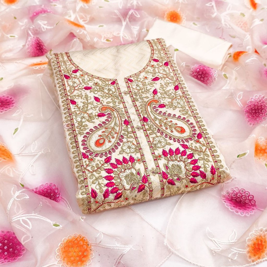 Unstitched Simmer Silk Punjabi Suit Material With Sequence Work Kain Jahit Punjabi Suit