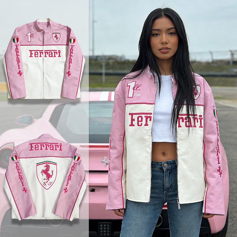 F1 Ferrari Racing เสื้อแจ็คเก็ตหนังผู้หญิงสีชมพูเย็บปักถักร้อยWindbreaker Jacket Oversize Fit