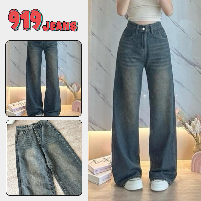 919JEANS กางเกงยีนส์เอวสูงเลกกิ้งขนาดใหญ่วัสดุที่ไม่ใช่ยืดหยุ่นสีเทาอ่อนสําหรับกางเกงหลวมทุกวัน stri