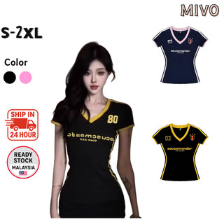 【Mivo】OOTD 美式v领撞色拼接印花短袖t恤短袖夏季运动正肩修身显瘦上衣AmericanV-Neck Color-Block Printed Short Sleeve T-Shirt
