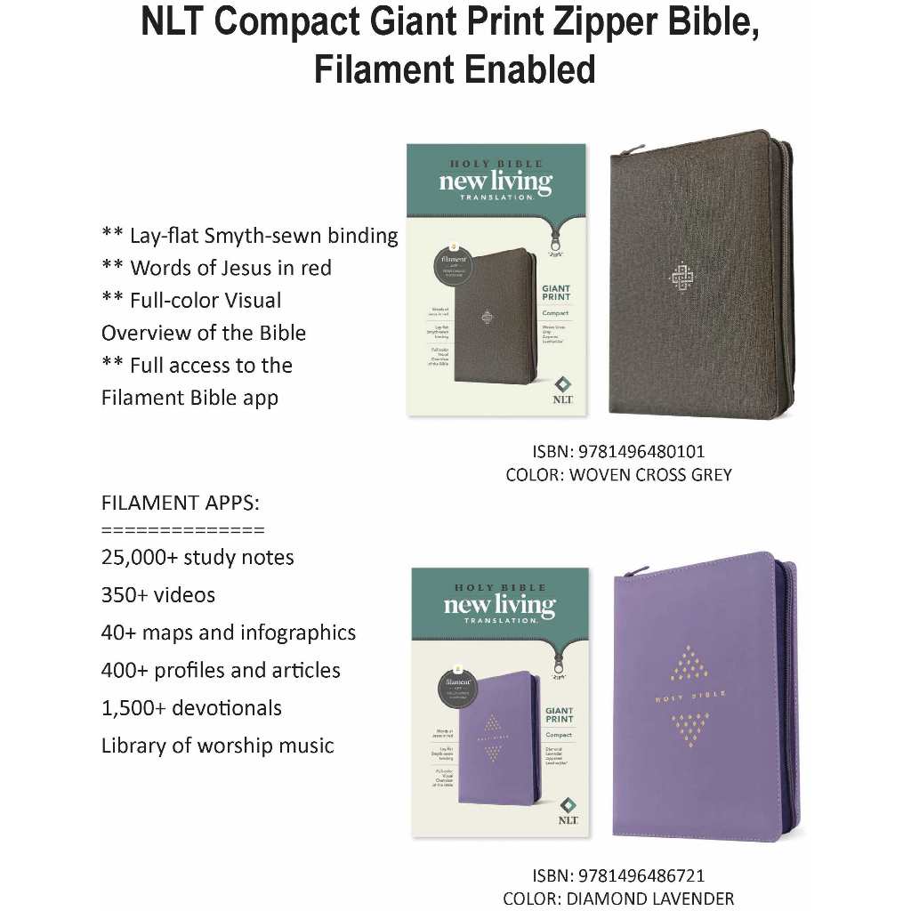 NLT Compact Giant Print Zipper Bible, Filament Enabled * Leather-look* English Bible * Chosen Treasu