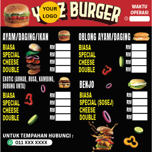 BURGER MENU STICKER / BLACK BACKGROUND / OBLONG MENU / EXOTIC BURGER MENU (RUSA, RNAB, GOAT) / BURGE