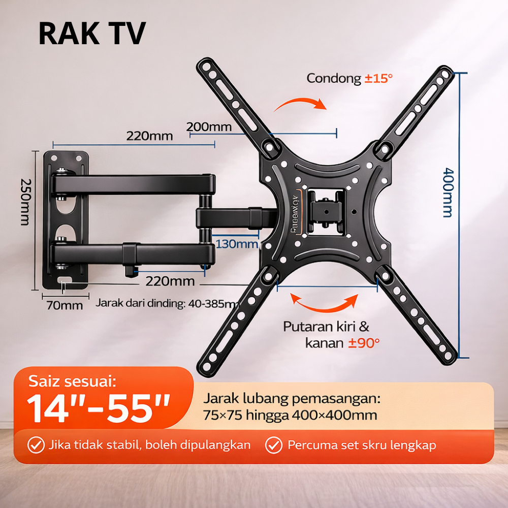 Universal TV Stand 14-55 นิ้ว Heavy Duty ขยาย Full Motion ปรับ TV Wall Mount Bracket Pendirian TV Se