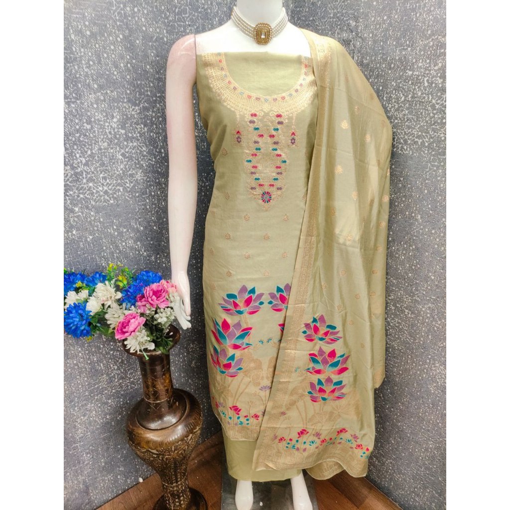 Unstitched Punjabi Suit Material Chanderi Meena Jacquard Kain Jahit Punjabi Suit