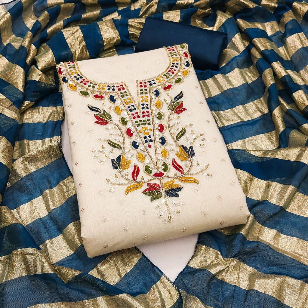 Unstitched Punjabi Suit Material With Fancy Bead Work Kain Jahit Punjabi Suit