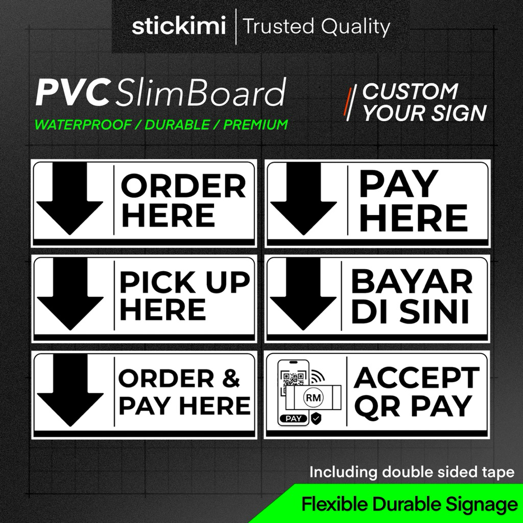 ป้าย Pay Here, Bayar Di Sini, Order Here, Pick Up Here, Order and Pay ที่นี่, บอร์ดป้ายคุณภาพสูงกันน