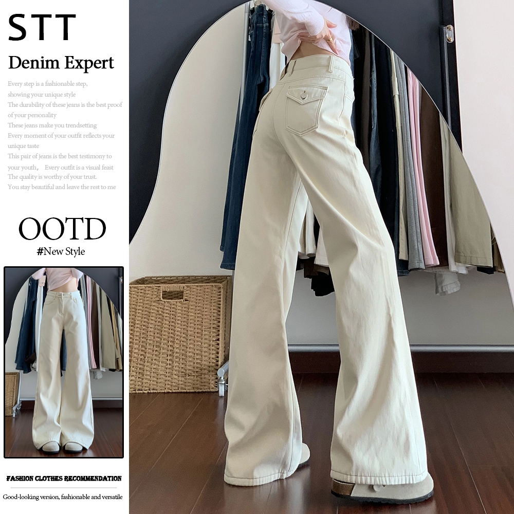 STT กางเกงยีนส์แอปริคอทเอวสูงของผู้หญิงกางเกงขาตรงกางเกงยีนส์ขากว้างทรงหลวมมีสไตล์ Seluar Kasual Den