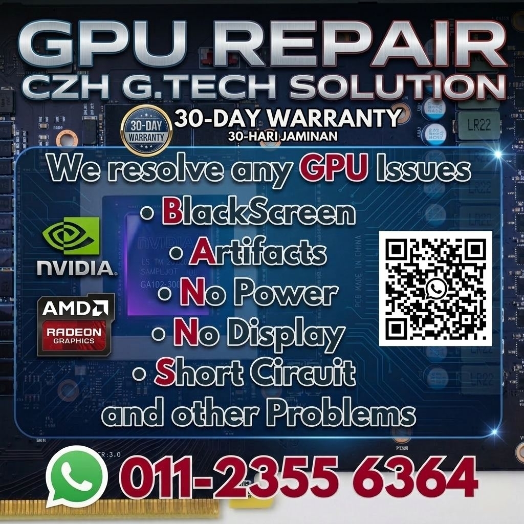 GPU บริการซ่อม Baiki Kad Grafik รับประกัน 30 วัน RTX 3090 3080 3070 2060 NVIDIA AMD ข้อผิดพลาด 43 ไม