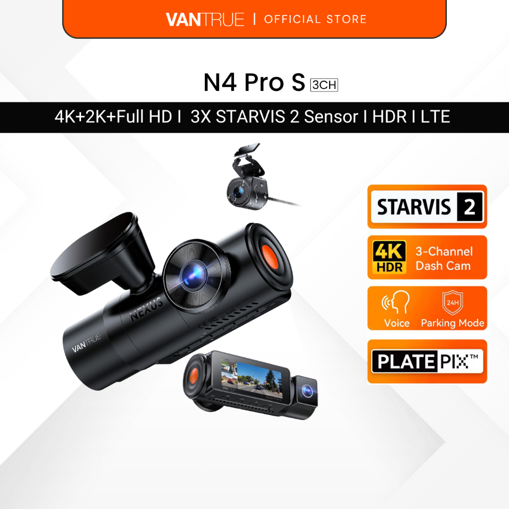 Vantrue N4 Pro S Dash Cam - 3-Channel I 4K+2.5K+1080P | PlatePixTM I Sony STARVIS 2 เซ็นเซอร์ I LTE 