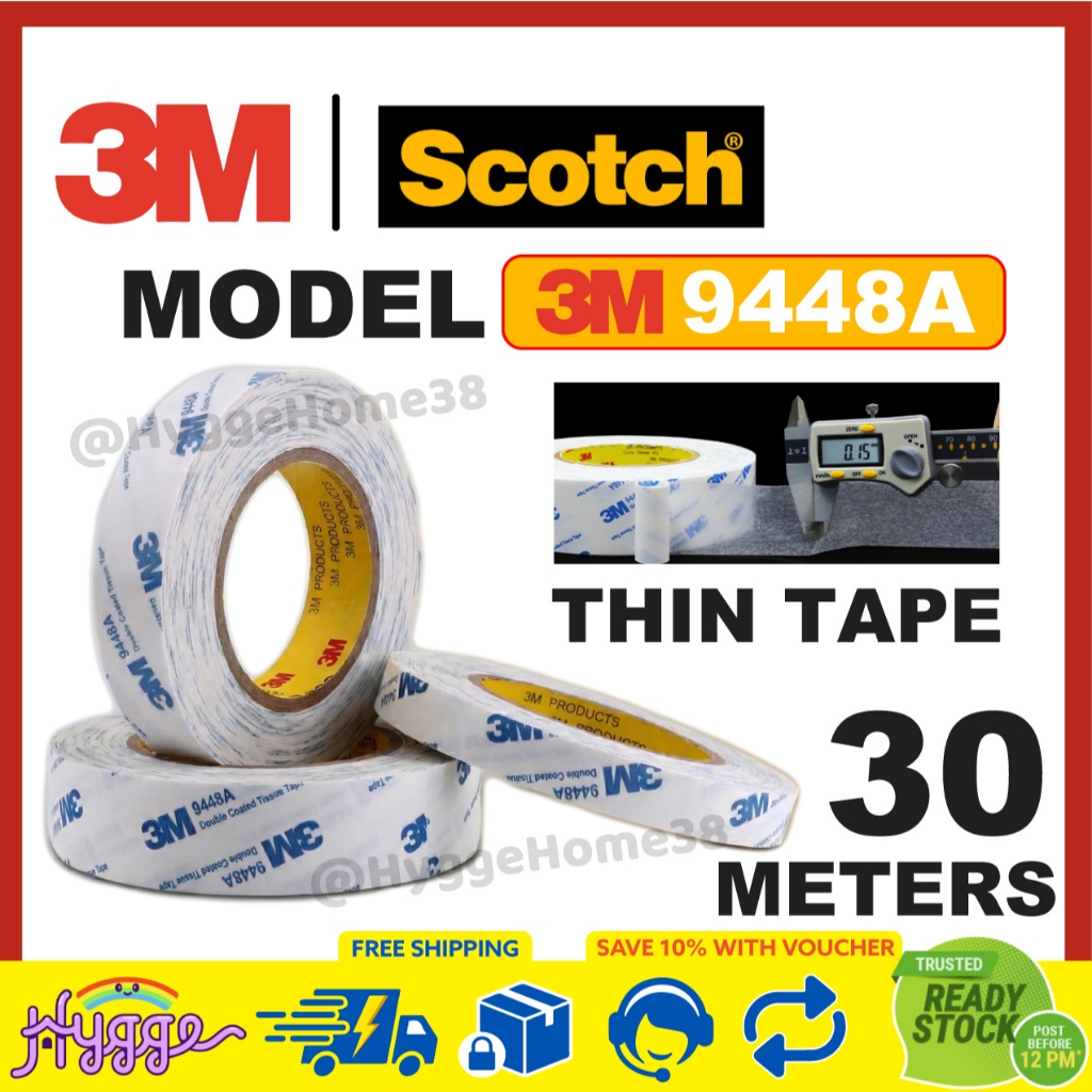3M 9448A เทปสองหน้า 30 เมตรทิชชู่บางไม่ทอ Strong Easy Removal Scotch
