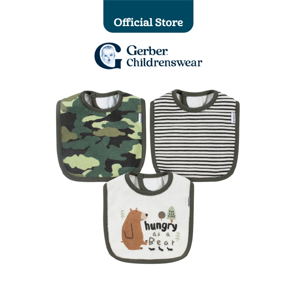 Gerber 3-Pack Boys Bear Bibs/ผ้ากันเปื้อนเด็กผู้ชายลายหมี Gerber 3 ชิ้น