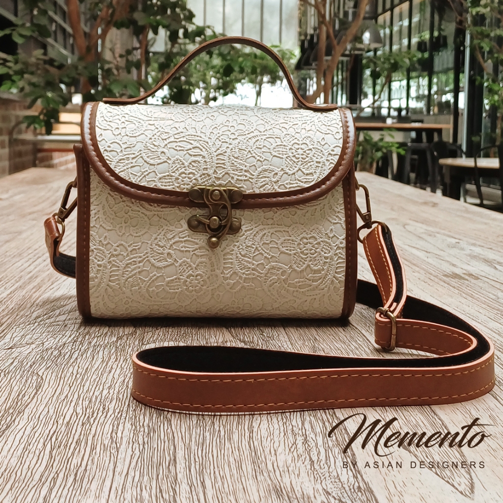MEMENTO.ASIA Leather Vessel Bag Lace Pearl White Women Handbag Shoulder Bag Retro Bag Beg Tangan Wan