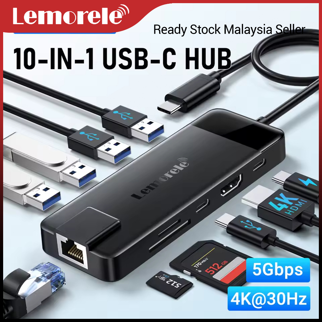Lemorele TC93 USB-C Hub 10-in-1 Dual HDMI 4K Docking Station PD 100W Ethernet USB 3.0 SD TF สําหรับแ