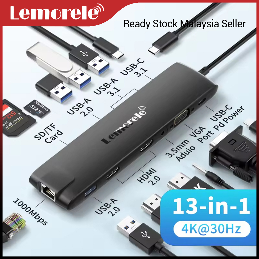Lemorele TC96 USB-C Hub 13-in-1 Docking Station 4K HDMI PD 100W Ethernet 10Gbps USB 3.1 สําหรับแล็ปท