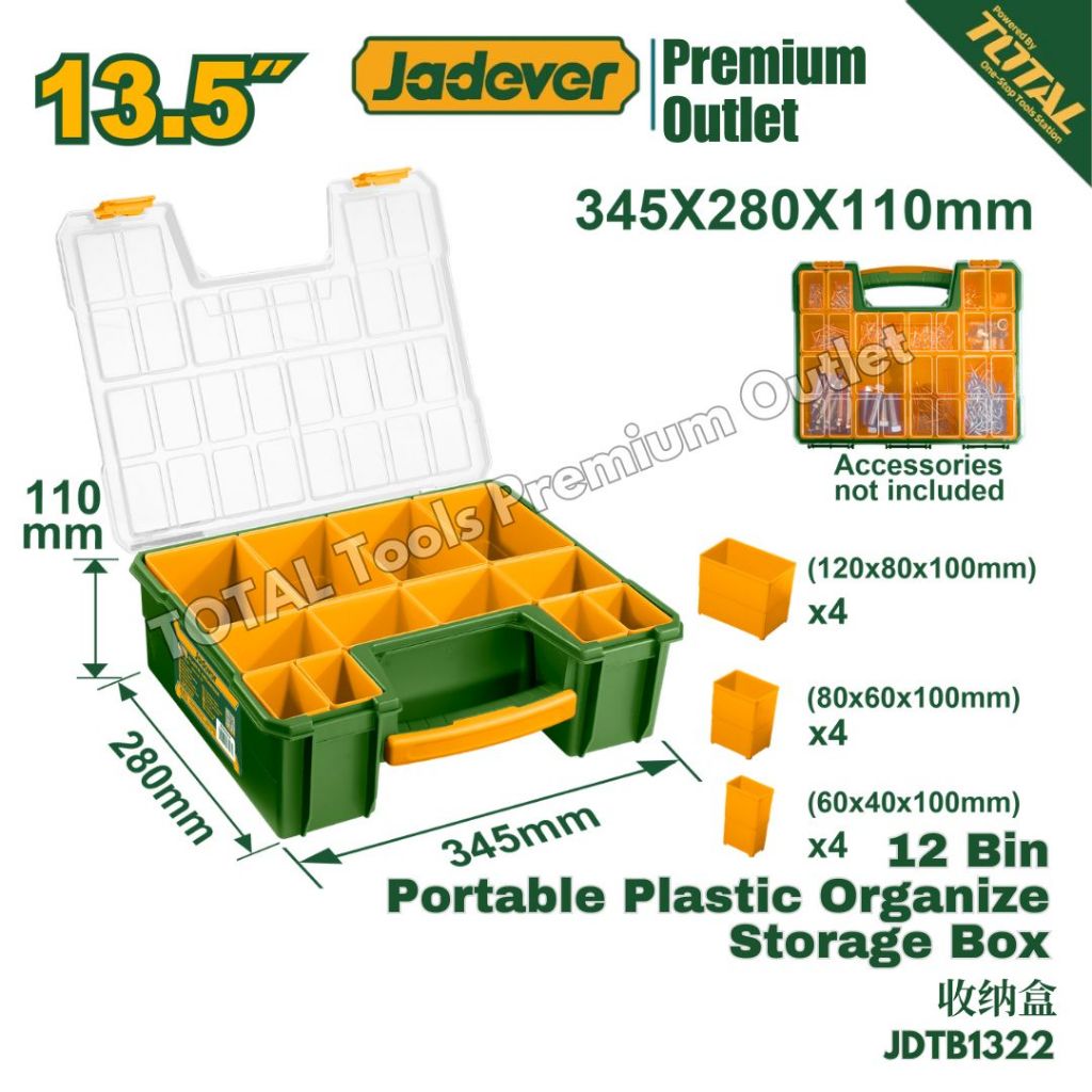 Jadever Tools 12 Bin กล่องเก็บจัดระเบียบพลาสติกแบบพกพา 13.5" เก็บเกี่ยว纳盒 - JDTB1322