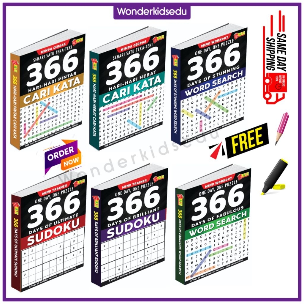366 หนังสือปริศนาค้นหาคํา 366 ปริศนาซูโดกุ 366 Cari Kata Buku Silang Kata เกมสมอง