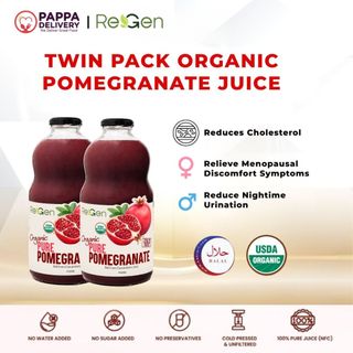 [HALAL] Twin Pack REGEN Organic Pomegranate Juice 946ml –Cholesterol, Heart & Skin Support, Jus Delima