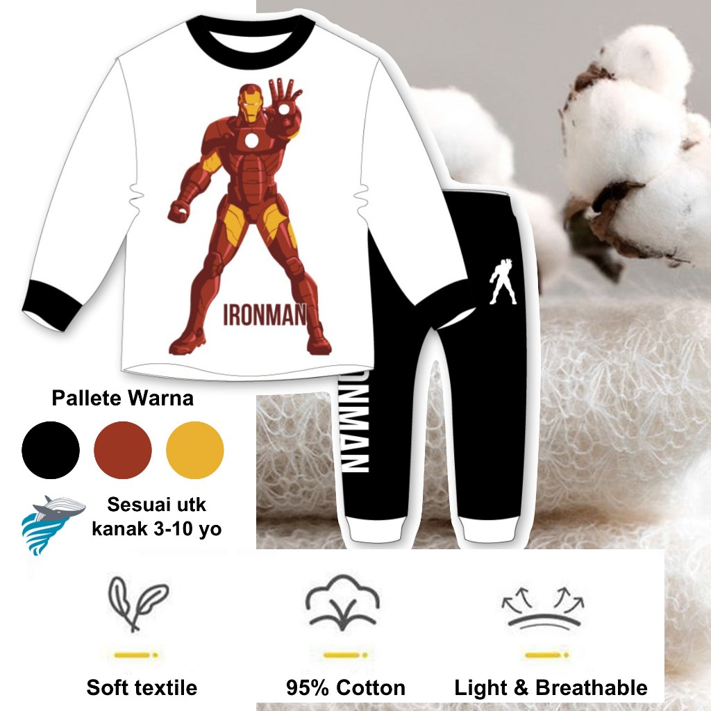 3-10Y AVENGERS IRONMAN LONG SLEEVE PANT BOY PYJAMAS ชุด/PAJAMAS ซูเปอร์ฮีโร่เด็ก spiderman กัปตันอเม