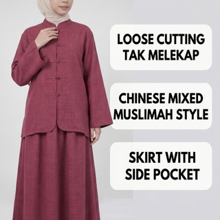 PANDAEYES JISO CHEONG SAM Chinese Style x Muslimah Set Blouse Skirt Loose Fit Cotton texture Ironless Malaysia 92122