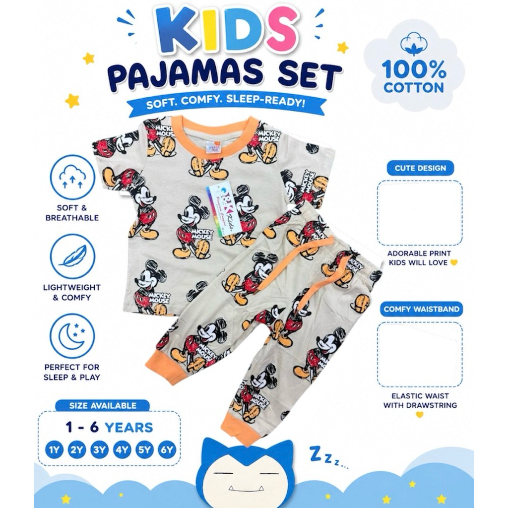 1Y-6Y ️Q&K ️NUDE.MIKEY ️COTTON PAJAMAS PYJAMAS BOY SHORT SLEEVE ADJUSTABLE LONG PANT