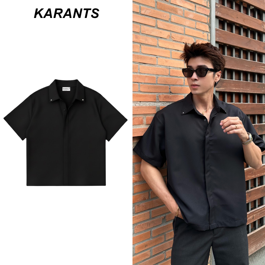 KEMEJA Karants เสื้อเชิ้ตผ้าฝ้ายทรงกล่องสุดเท่สําหรับผู้ชายพร้อมปุ่มกดโลหะที่ซ่อนอยู่ - KR369