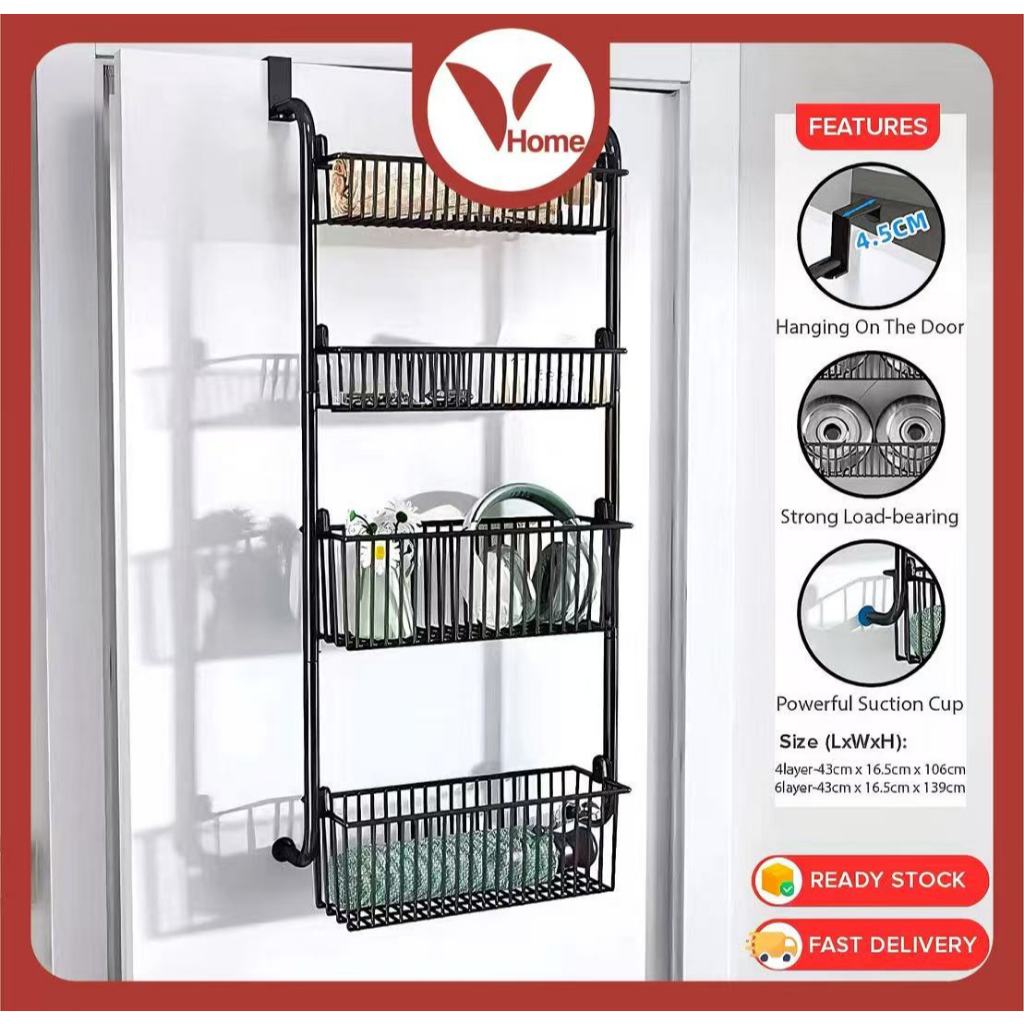 Vhome 4/6 ชั้น Rack ห้องน้ําแขวนตะกร้า Multilayer ตู้ครัวประตู Organizer ผู้ถือรัก Penyimpanan Gantu