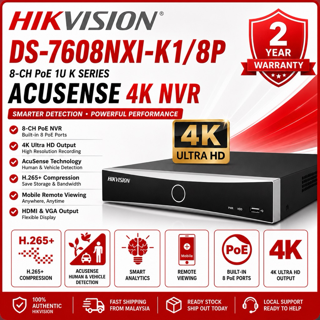 HIKVISION 8CH/8 CHANNEL DS-7608NXI-K1/8P 4K POE NETWORK VIDEO RECORDER
