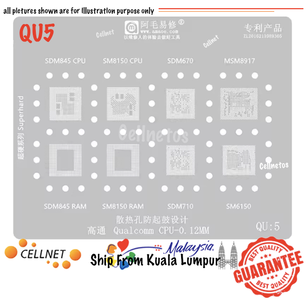 [Cellnet] Amao QU5 BGA ตาข่ายลายฉลุสําหรับ SDM845 SM8150 SDM670 SDM710 MSM8917 SM6150 จาก Kuala Lump