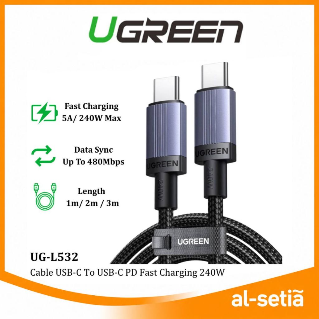 UGREEN UG-L532 USB-C TO USB-C PD FAST CHARGING CABLE ข้อมูล SYNC สําหรับแท็บเล็ตแล็ปท็อปสมาร์ทโฟน 1M
