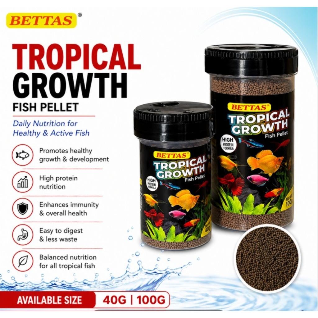 BETTAS Tropical Growth Fish Pellet 40g 48% High Protein Floating Food for Guppy Betta ปลาเล็ก