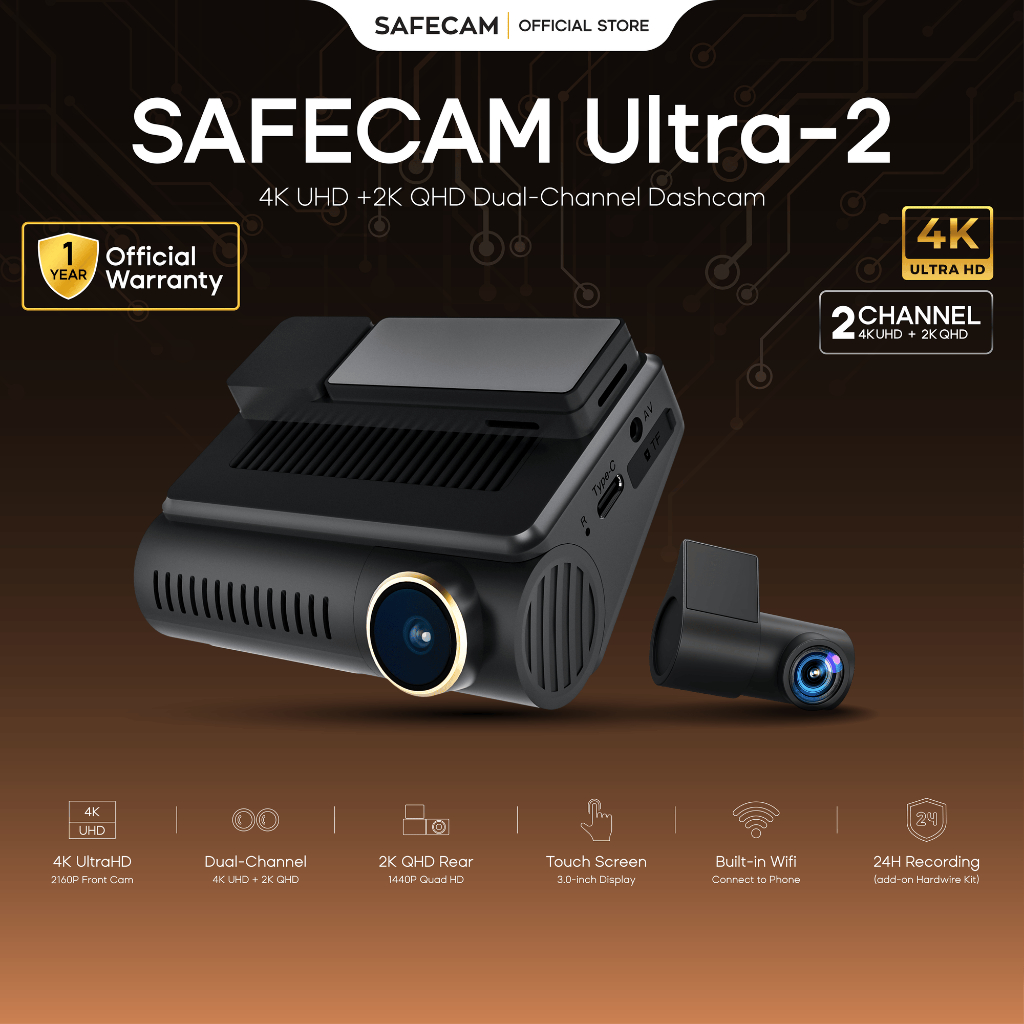 [หน้าจอสัมผัส 4K] SAFECAM Ultra-2 4K UHD + 2K QHD Dual Channel Dashcam หน้าจอสัมผัสกล้องหน้าและหลัง