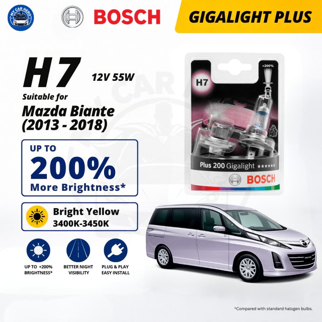 BOSCH Gigalight Plus H7 หลอดไฟหน้า 12V 55W 2 ชิ้นสําหรับ Mazda Biante (ปี 2013-2018)