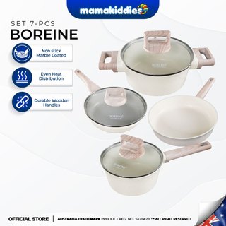 BOREINE Granite Non Stick Cookware Set With Glass Lid Induction Compatible Pot Pan PFOA Free (7 Pcs)