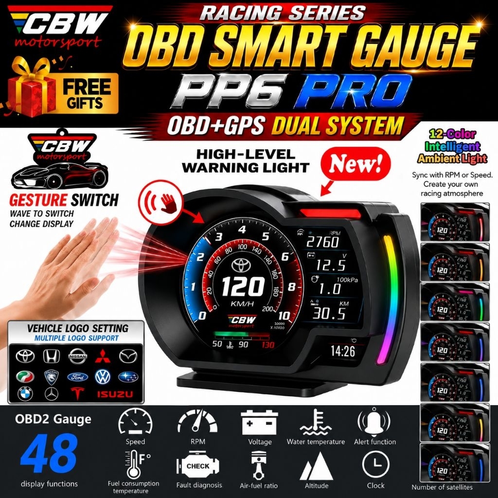 เวอร์ชั่นล่าสุด!!️CBW PP6 PRO GPS รถ OBD OBD2 เมตร P6 เครื่องสแกนเนอร์นาฬิกาปลุกความเร็วจอแสดงผล Hud