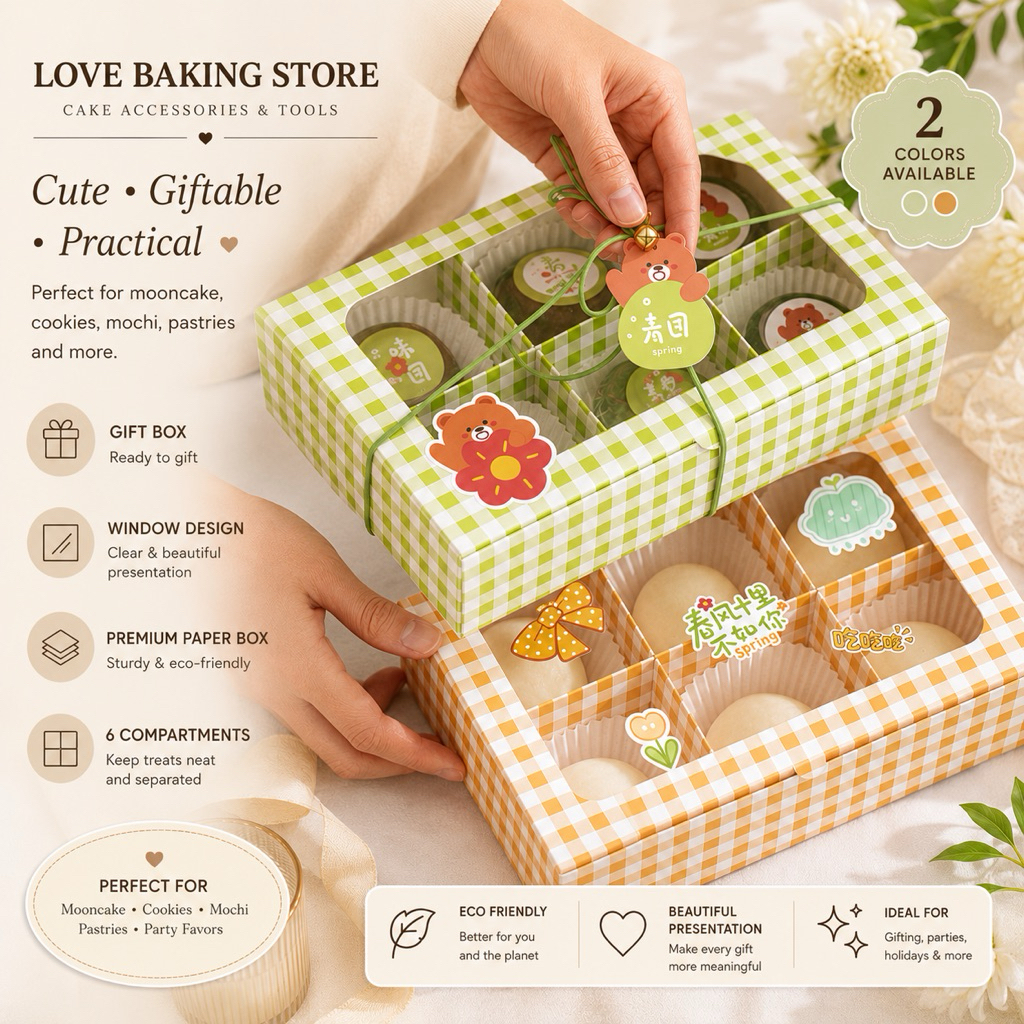 LBS • INS สไตล์ 6 หลุม 63g-80g หน้าต่าง Mooncake กล่อง Doorgift กล่องบรรจุภัณฑ์ Goodies Eggyolk 4 แค