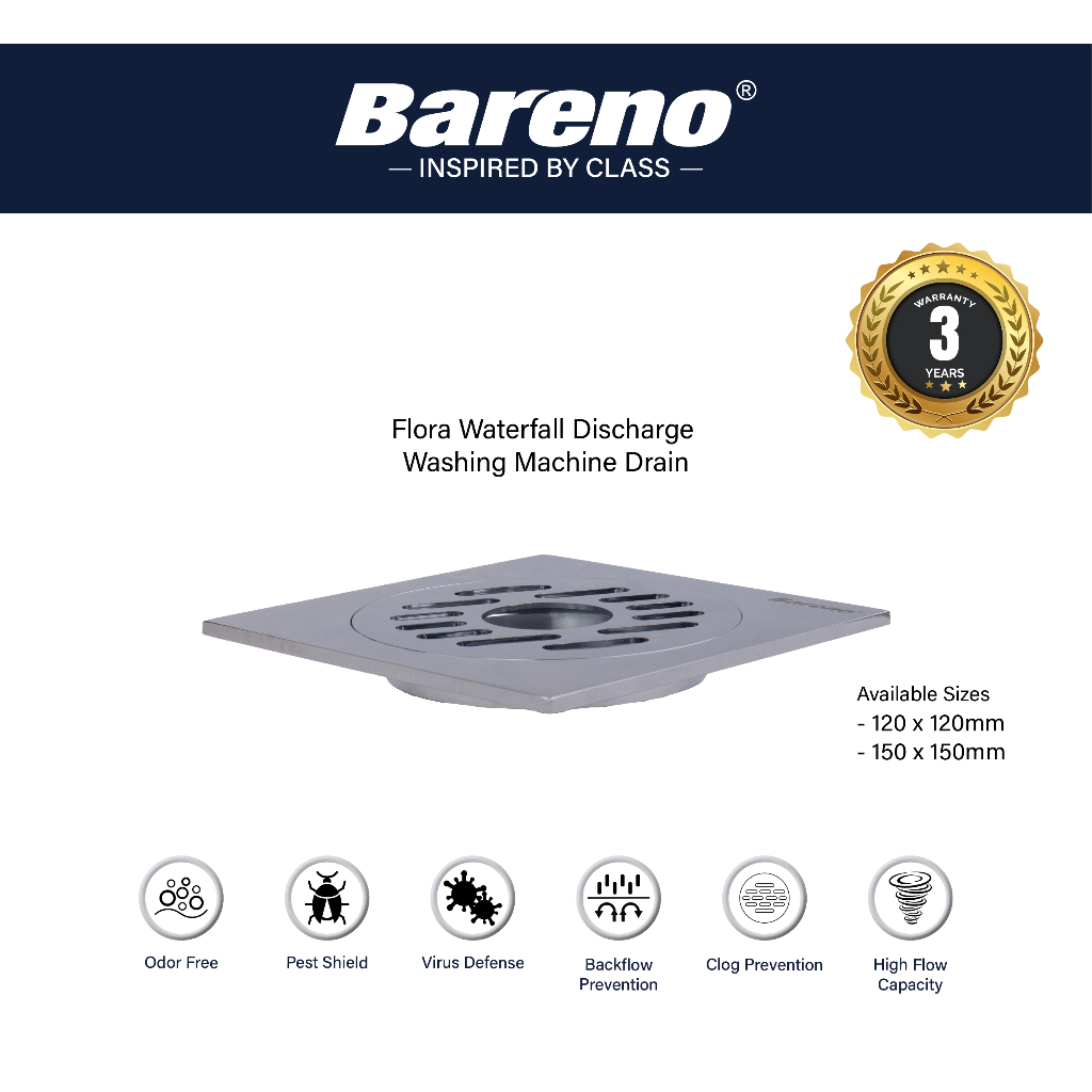Bareno Flora น้ําตกเครื่องซักผ้าท่อระบายน้ํา BDFRS120CP/BDFRS150CP