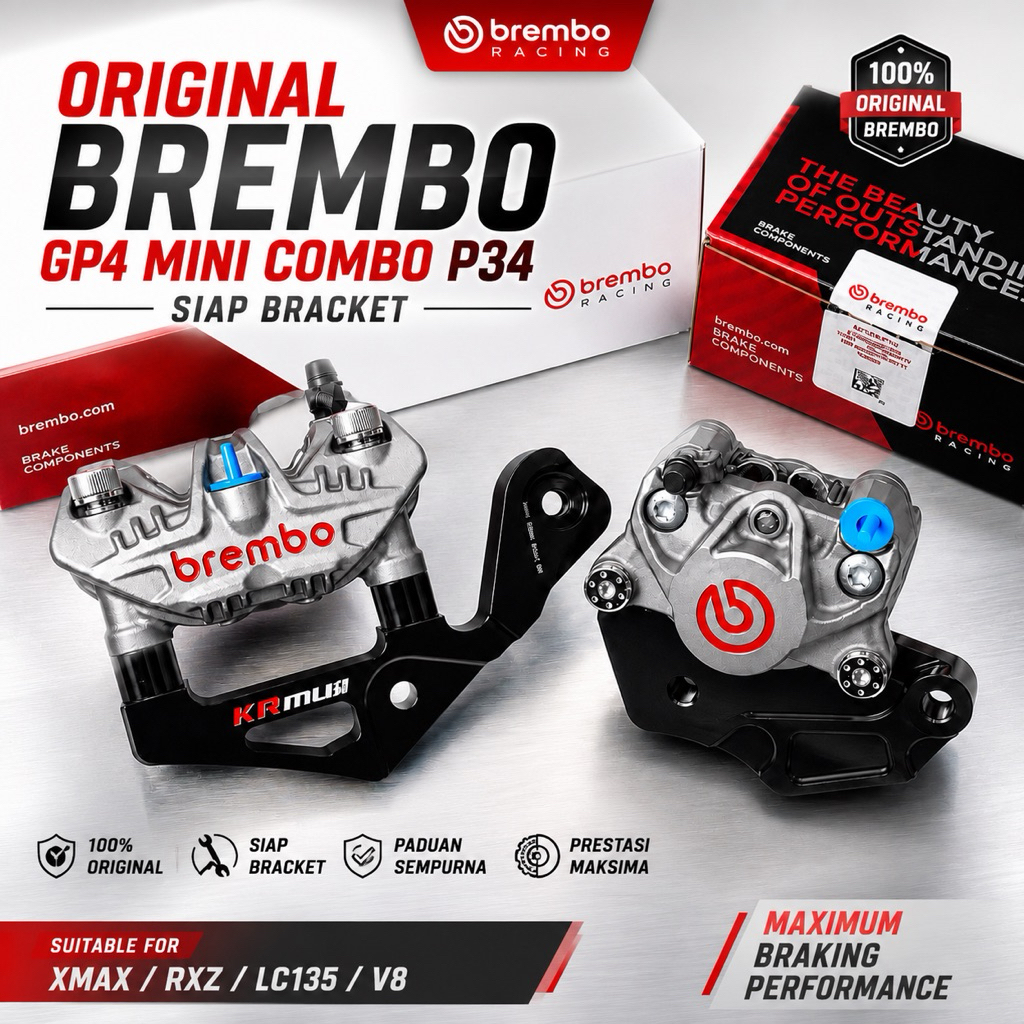 XMAX LC135 V8 RXZ Siap Bracket Brembo GP4 Mini 4Pot Caliper ด้านหน้าด้านหลัง P34 สีแดงโลโก้สีเทา 2Po