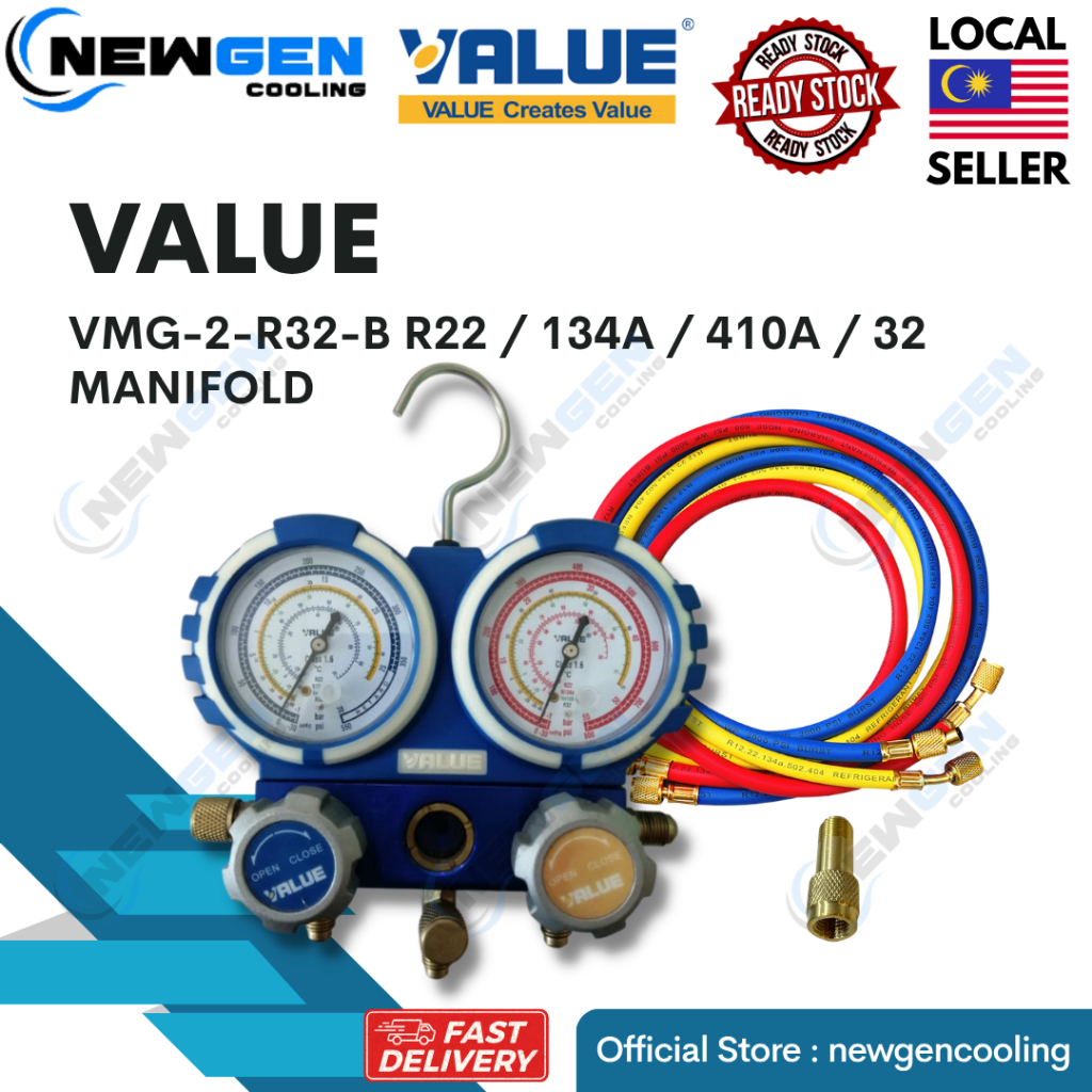 VALUE ️ VMG 2-R32 Dual Gauge Manifold Set c/w 3 สายชาร์จ