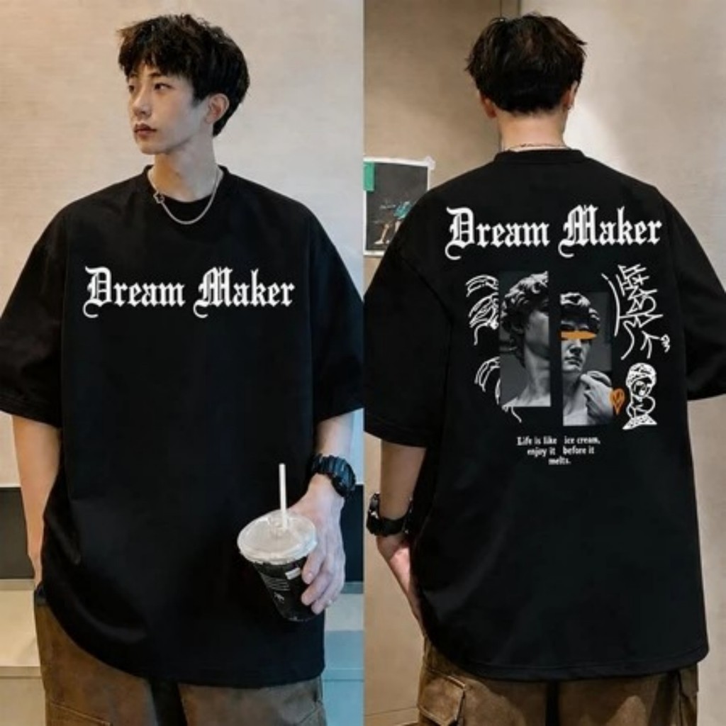 เสื้อยืดขนาดใหญ่ Dream Maker Gothic Letter Sculpture รูปกราฟิกพิมพ์สองด้าน Unisex แขนสั้น Tee