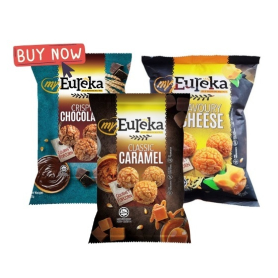 EUREKA Assorted Popcorn 80g ถุงอลูมิเนียมแพ็ค HALAL (ช็อกโกแลตกรอบ/ชีสคาว/คาราเมลคลาสสิก) โดย Penang