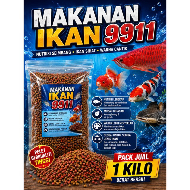 อาหารปลาสําหรับทาลาเปีย,keli,pu,lampam,patin 9911,9922,8822 (1kg)