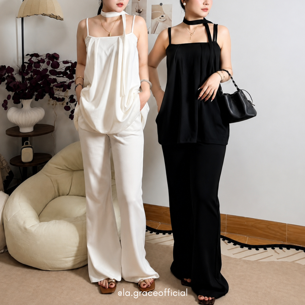 LA.GRACE OFFICIALเกาหลี 3 ชิ้นชุดผู้หญิงแขนกุดด้านบน + กางเกงขายาว + ผ้าพันคอคอปก 三件套装