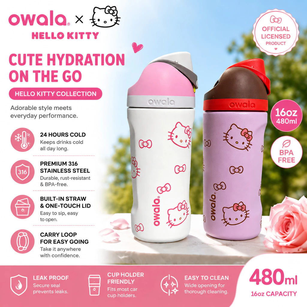 16oz 24oz 32oz Owala&Hello Kitty FreeSip ฉนวนขวดน้ําสแตนเลสพร้อมหลอด Owala